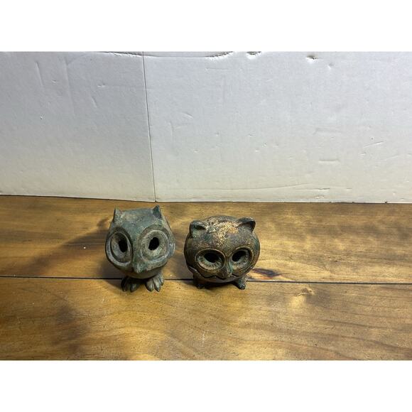 Set Of 2 Vintage Japanese Brass Owl Mid-Century Era Cast Iron - Picture 4 of 12